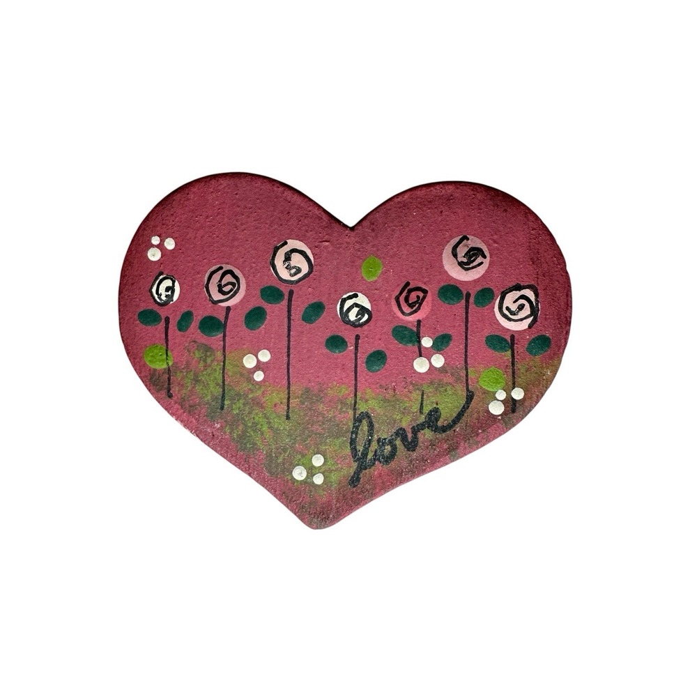 Hand Painted Wood Heart Brooch Pin Signed Amy T Love Floral Folk Art